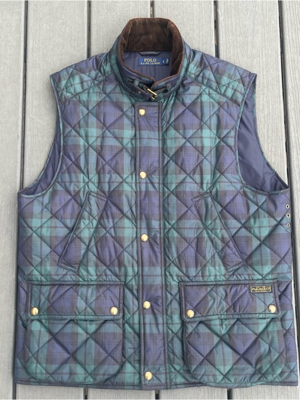 Polo by Ralph Lauren Quilted Blue & Green Plaid Vest with Corduroy Collar